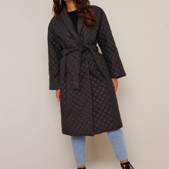 Women Wrap Long Padded Coat Oversize Large L Black Tie Adjustable Pockets - Picture 1 of 15